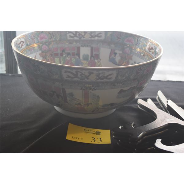 CHINESE PORCELAIN ROSE MEDALLION PUNCH BOWL & PLATE STANDS (6) (7 PCS) (DOES NOT INCLUDE LONG STAND)