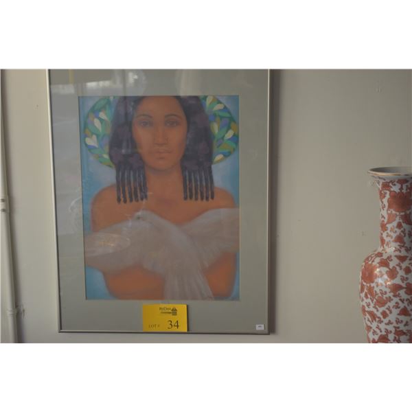 FRAMED PASTEL DRAWING, WOMAN W/DOVE; SIGNED ZAMBUKA '80 (20" X 25")