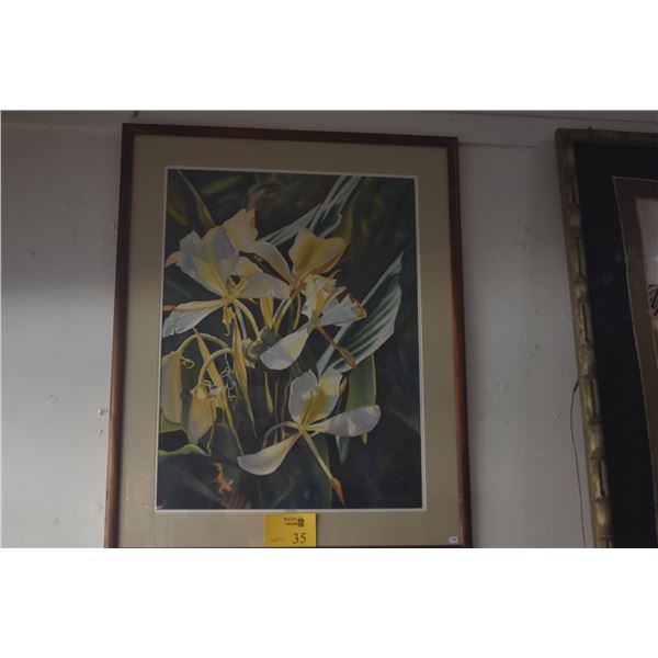KOA FRAMED WATERCOLOR, WHITE GINGER; SIGNED SALLY R. SIMMER '90 (30" X 37 1/2")