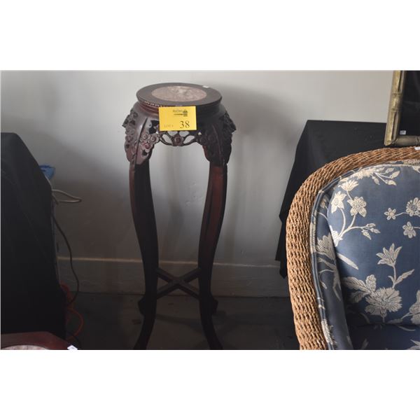 36" CHINESE ROSEWOOD PEDESTAL PLANT STANDS W/MARBLE TOP (PAIR)