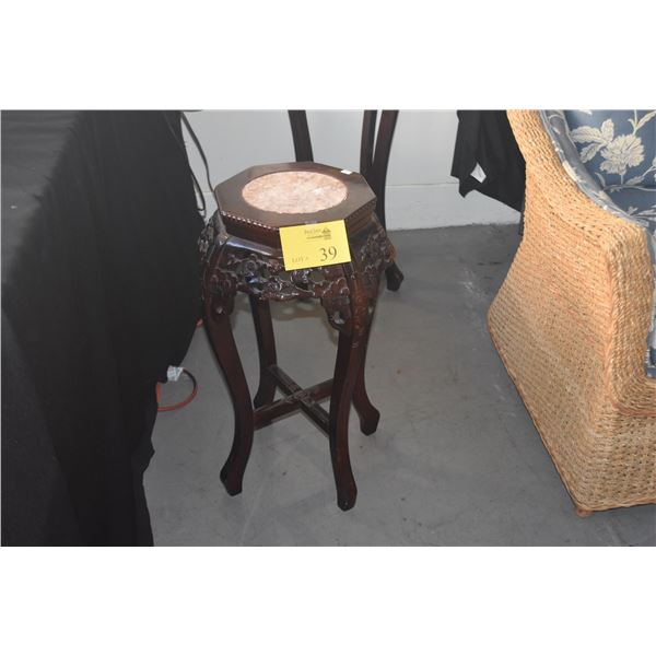 24" CHINESE CARVED ROSEWOOD MARBLE TOP PLANT STANDS/SIDE TABLES (PAIR)
