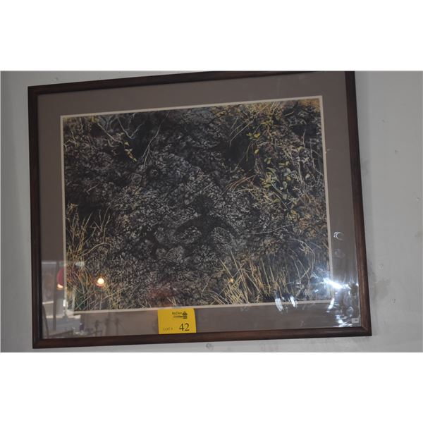 KOA FRAMED WATERCOLOR, PETROGLYPHS; SIGNED SALLY R. SIMMER '90 (37" X 30")