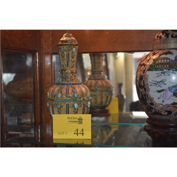 VINTAGE JEWELED BRASS TEA OR COFFEE POT W/EGYPTIAN SCARAB DESIGN W/STAND