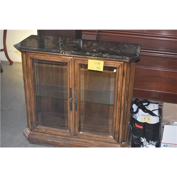 WOODEN CURIO CABINET W/2 DOORS, GLASS SHELF & FAUX MARBLE TOP (36" X 32" X 13")