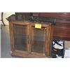 Image 1 : WOODEN CURIO CABINET W/2 DOORS, GLASS SHELF & FAUX MARBLE TOP (36" X 32" X 13")