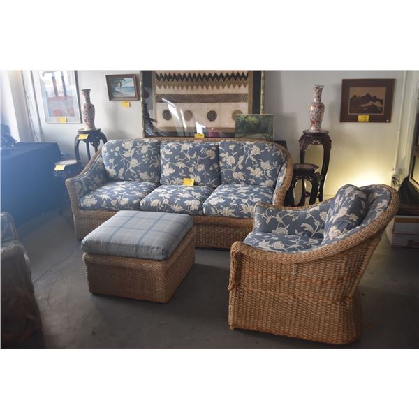 BRAIDED RATTAN SOFA SET W/SOFA, 2 ARM CHAIRS & FOOT STOOL (4 PCS)