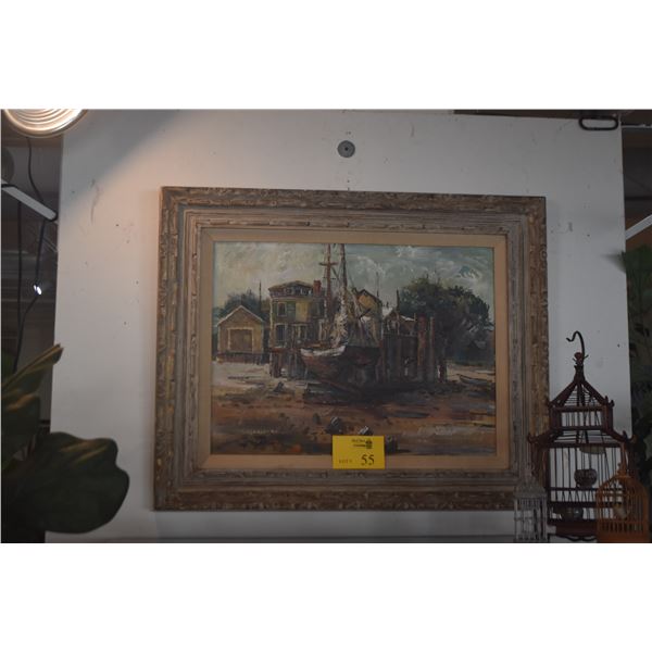 FRAMED OIL ON BOARD, "BOAT & WHARF"; SIGNED MOTTOLA (32" X 26 1/2")