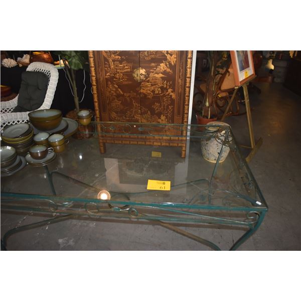VINTAGE GREEN WROUGHT IRON & GLASS PATIO TABLE (601/2" X 34 1/2" X 29 1/2")