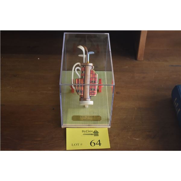 MINIATURE HAND-MADE WOODEN GOLF CART W/BAG & CLUBS IN SHOWCASE, "TEE-TIME IN HAWAII" BY FRANCIS PIMM