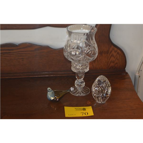 MIXED LOT: FRENCH CRYSTAL EGG, GLASS BIRD FIGURINE & HURRICANE CANDLE HOLDER (3 PCS)