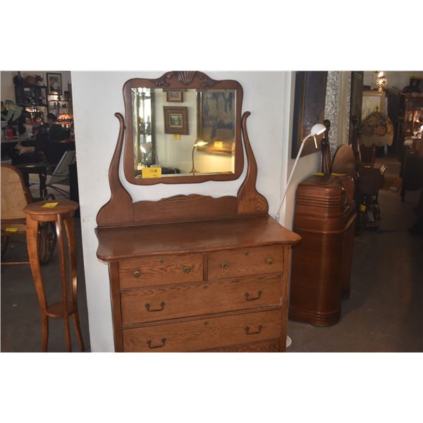 ANTIQUE OAK DRESSER W/5 DRAWERS & BEVELED SWING MIRROR