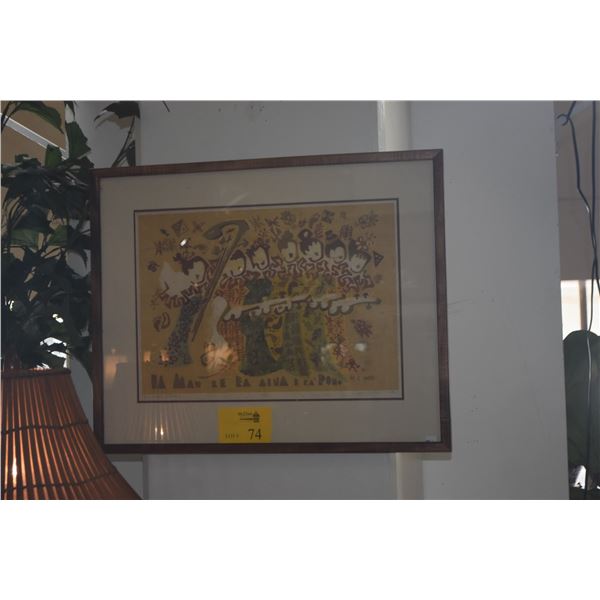 KOA FRAMED WOODBLOCK, HAWAIIAN MUSICIANS; SIGNED HON C. HEE 23/27 (27 1/2" X 22 1/2")