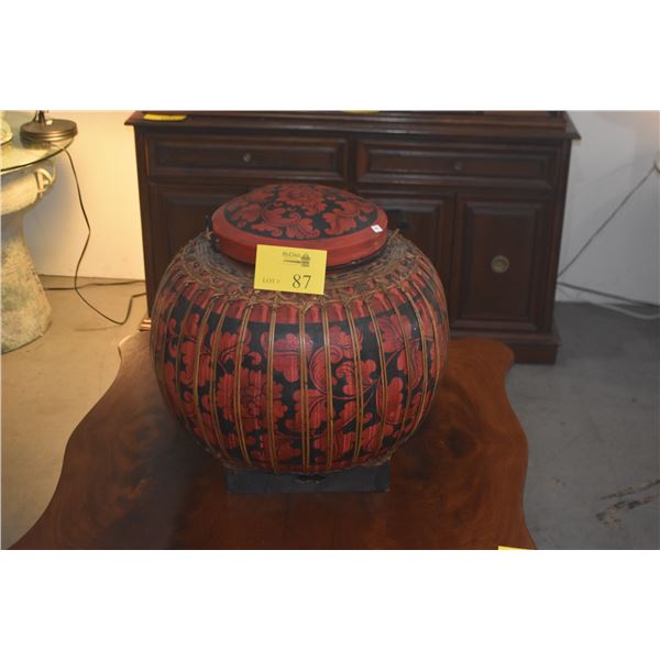 LARGE HAND PAINTED NORTHERN THAI BAMBOO RICE STORAGE CONTAINER OR BASKET