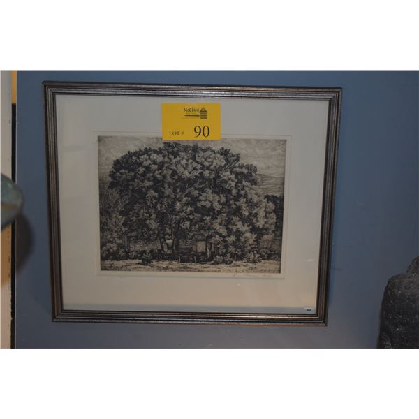 FRAMED ETCHING TITLED "THE BIG WILLOWS" BY LUIGI LUCIONI, 1946 (21" X 18 1/4")