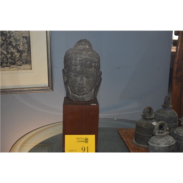 16" STONE BUDDHA HEAD ON WOOD STAND