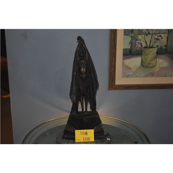 24" ART DECO STYLE BRONZE SCULPTURE, LIKELY TITLED "ANTINEA" DEPICTING A DANCER, AFTER DEMETRE CHIPA