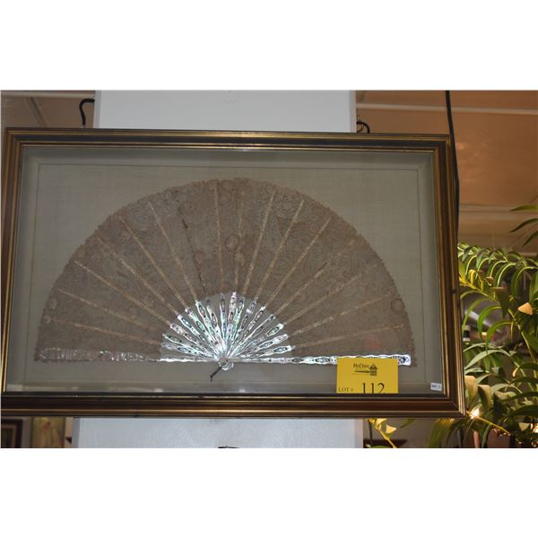 GILT FRAMED ANTIQUE MOTHER OF PEARL & LACE FAN, CA. 1885, FRENCH