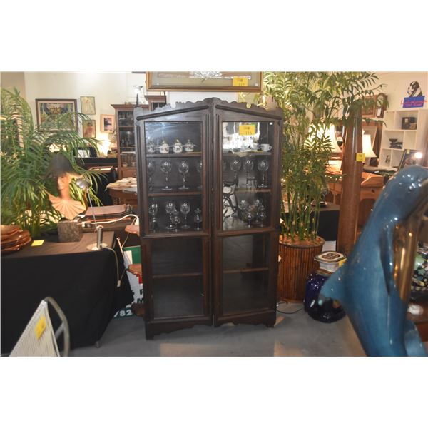 ANTIQUE CURIOSITY CABINET W/2 GLASS DOORS & EXTERIOR SHELVING