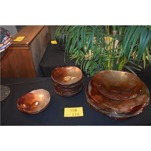 ORANGE & GOLD IRIDESCENT GLASS BOWLS & CHARGES (29 PCS)