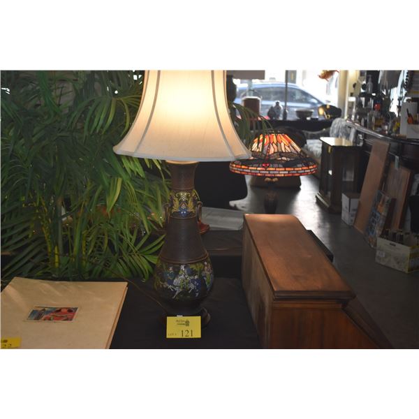 PAIR ANTIQUE JAPANESE CHAMPLEVE & CLOISONNE ENAMEL BRONZE LAMPS W/SHADES (PAIR)