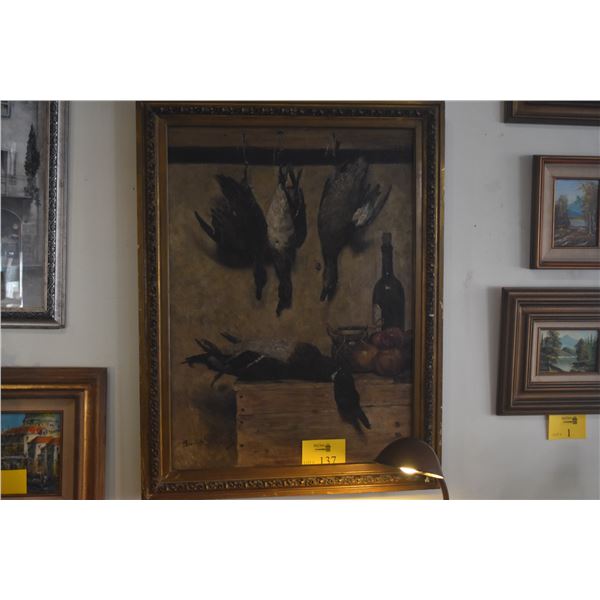 FRAMED ANTIQUE OIL ON CANVAS, STILL LIFE; SIGNED (29 1/4" X 38")