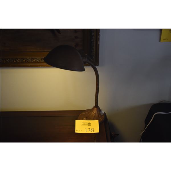 VINTAGE ART DECO GOOSENECK DESK LAMP W/CAST IRON BASE & METAL SHADE