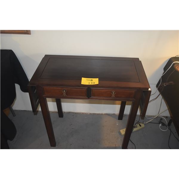 CHINESE HARDWOOD CONDO/STUDIO SIZE DESK W/2 SIDE EXTENSIONS & 2 DRAWERS (30" X 15" X 19" W/O EXTENSI