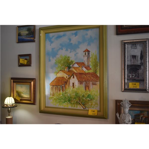 FRAMED PAINTING, EUROPEAN STYLE VILLAGE SCENE