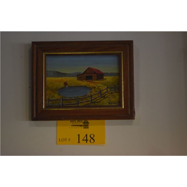 FRAMED OIL PAINTING, BARN & POND; SIGNED BRIMMER (9" X 7")