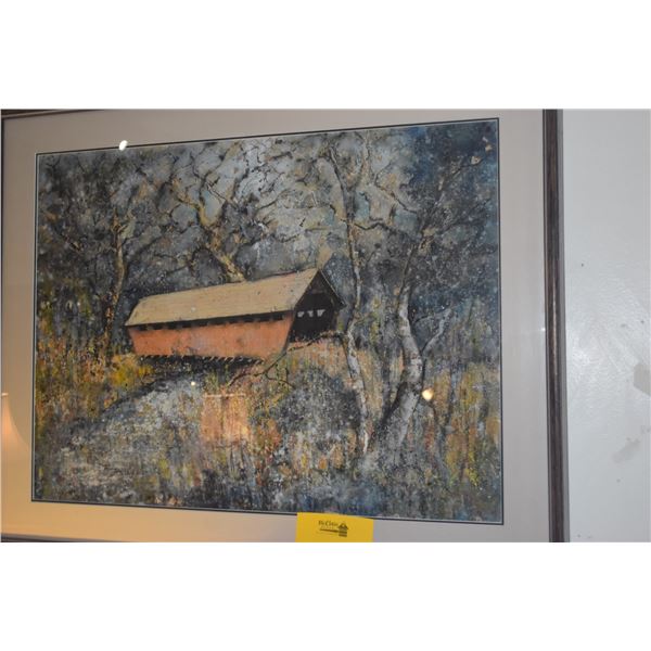 FRAMED PAINTING, COVERED BRIDGE/LANDSCAPE; SIGNED HARWOOD 11/10/72 (36" X 29")
