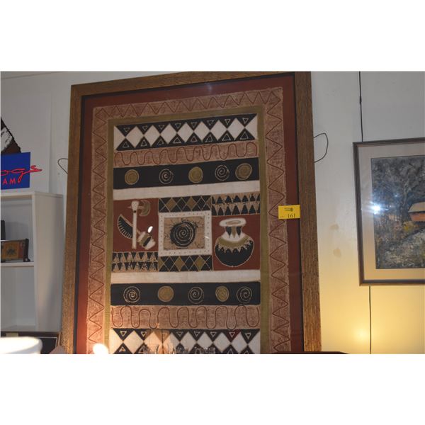 FRAMED AFRICAN SADZA BATIK TAPESTRY W/GEOMETRIC TRIBAL DESIGNS (55" X 73 1/2")