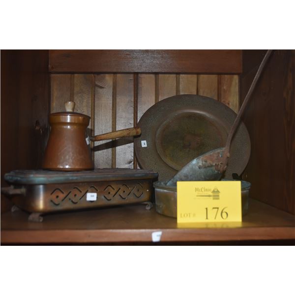 COPPER TURKISH COFFEE POT, CAST IRON FOOT WARMER, BRASS TRAY & LARGE SPOON (5 PCS)