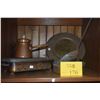 Image 1 : COPPER TURKISH COFFEE POT, CAST IRON FOOT WARMER, BRASS TRAY & LARGE SPOON (5 PCS)
