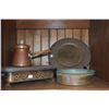 Image 2 : COPPER TURKISH COFFEE POT, CAST IRON FOOT WARMER, BRASS TRAY & LARGE SPOON (5 PCS)