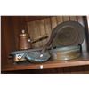 Image 3 : COPPER TURKISH COFFEE POT, CAST IRON FOOT WARMER, BRASS TRAY & LARGE SPOON (5 PCS)