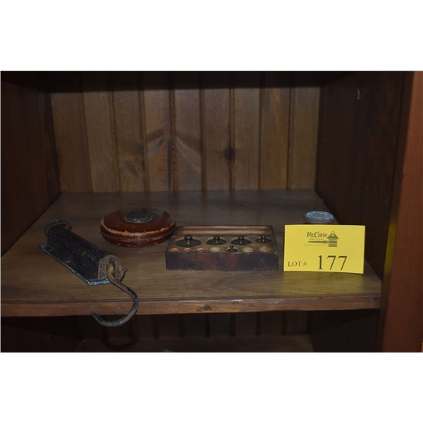 SCALE WEIGHTS, VINTAGE CASED TAPE MEASURE BY RABONE & SONS OF BIRMINGHAM ENGLAND & ANTIQUE SPRING BA