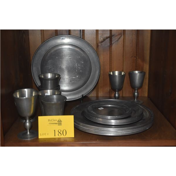 COLLECTION OF PEWTER CHARGERS, PLATES, WINE GLASSES & CUPS (23 PCS)