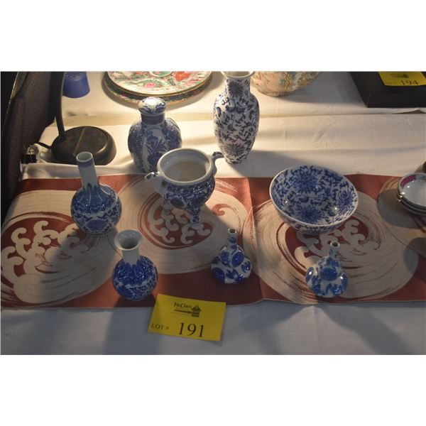 COLLECTION OF BLUE & WHITE VASES, TRIPOD CENSER, LIDDED JAR & BOWL (8 PCS)