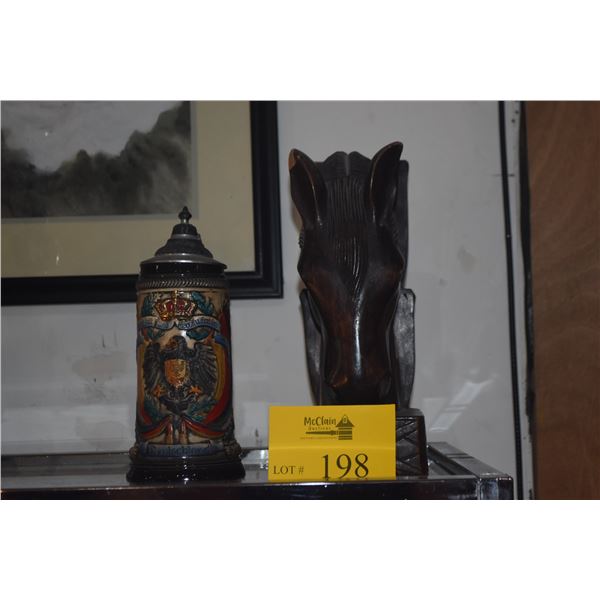 GERMAN BEER STEIN & CARVED WOODEN HORSE HEAD BOOKENDS (2 PCS)