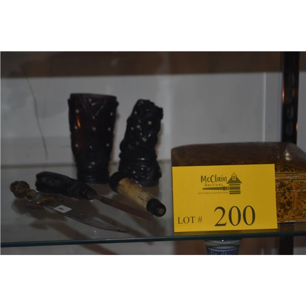 MIXED LOT: COVERED BOX, MISC. TOOLS & TRIBAL CARVED BUFFALO HORN & SHAMAN'S HERB POT (5 PCS)