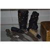 Image 2 : MIXED LOT: COVERED BOX, MISC. TOOLS & TRIBAL CARVED BUFFALO HORN & SHAMAN'S HERB POT (5 PCS)