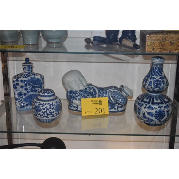 COLLECTION OF BLUE & WHITE JARS & PORCELAIN PILLOW (4 PCS)