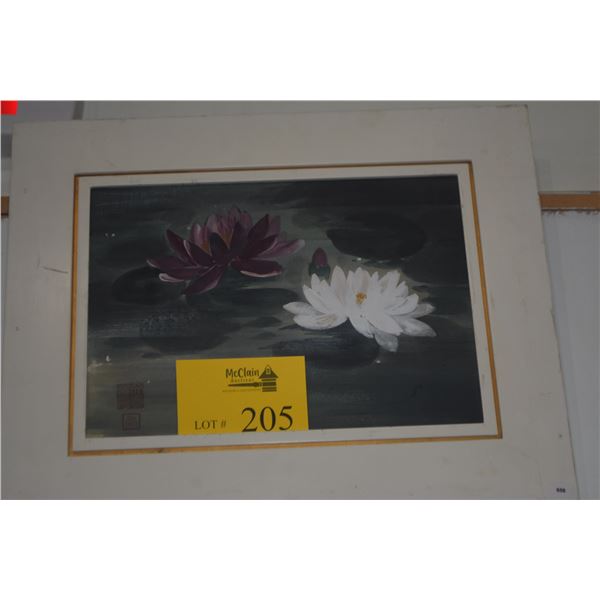FRAMED WATER LILLY PAINTING; CHOP SIGNED (15" X 18")