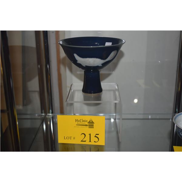 CHINESE DARK BLUE FOOTED CUP, FISH MOTIF, MARKED GREAT MING YUANDE (6" X 4 3/4")