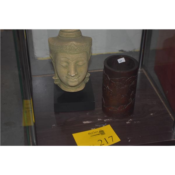 MIXED LOT: THAI BUDDHA HEAD ON STAND & BAMBOO BRUSH HOLDER (2 PCS)