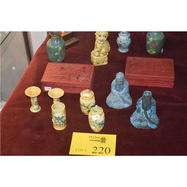 MIXED LOT: MINIATURE VASES, COVERED JARS, CLOISONNE, LACQUER BOXES & FIGURES (13 PCS)