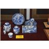 Image 1 : COLLECTION OF VINTAGE BLUE & WHITE PILLOW, PLATES, CUPS, VASE & GINGER JARS (9 PCS) (DOES NOT INCLUD