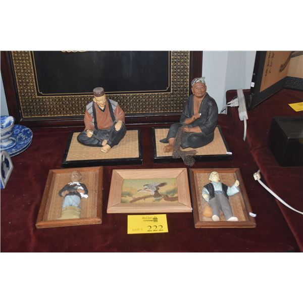 HAKATA DOLLS, MOUNTED HAKATA URASAKI CERAMIC 3D FIGURES & FRAMED WATERCOLOR OF A HAWK ON PINE TREE (