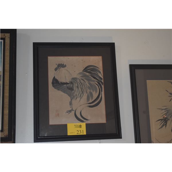 FRAMED JAPANESE INK WASH PAINTING, ROOSTER; CHOP SIGNED (20" X 23 1/2")