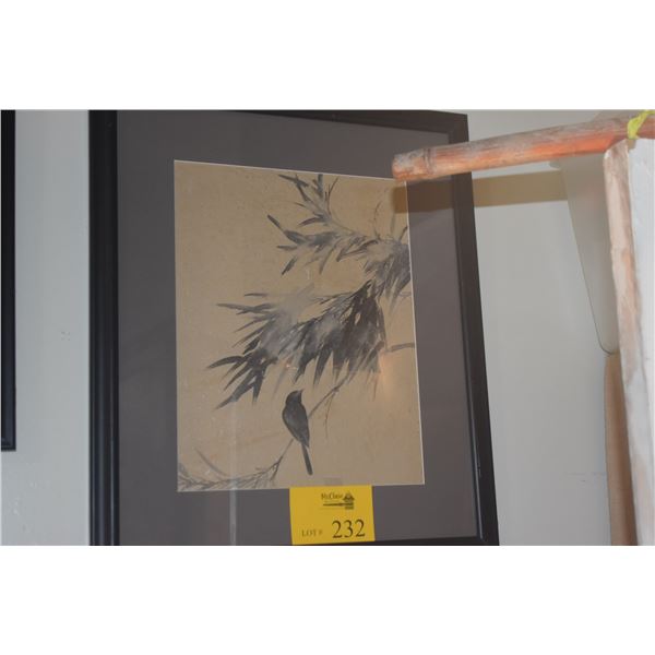 FRAMED JAPANESE INK PAINTING, SPARROW & BAMBOO (20" X 23 1/2")